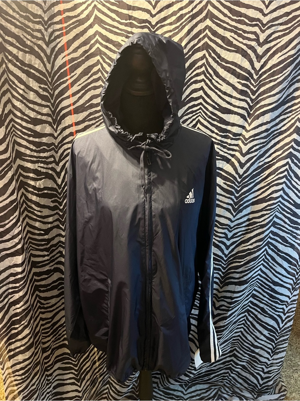 Adidas Navy Hooded Windbreaker Lightweight Jacket with White Stripes